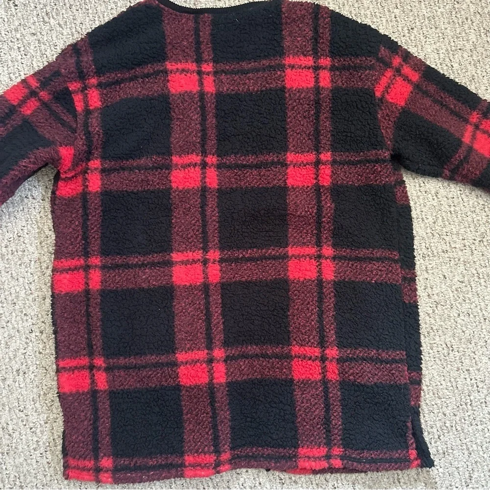 DKNY Fleece Cardigan Red & Black Plaid Size Large